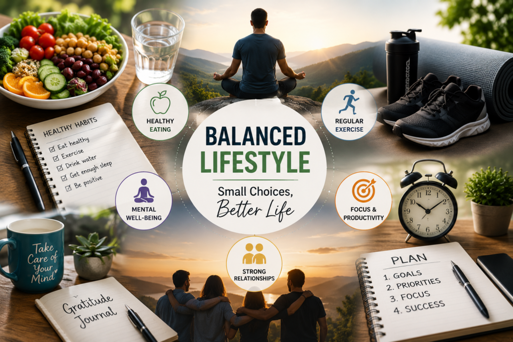 Balanced lifestyle with healthy daily habits, personal growth, and well-being