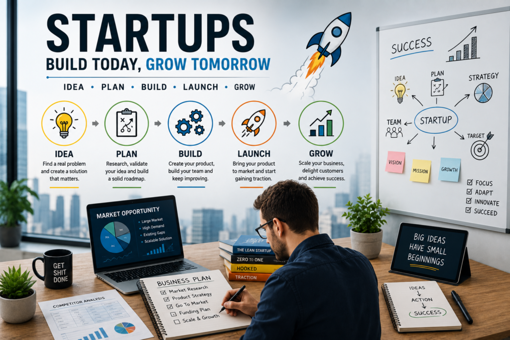 Startup growth strategy with founders planning business development and innovation