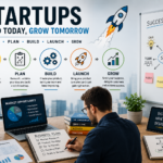 Startup growth strategy with founders planning business development and innovation
