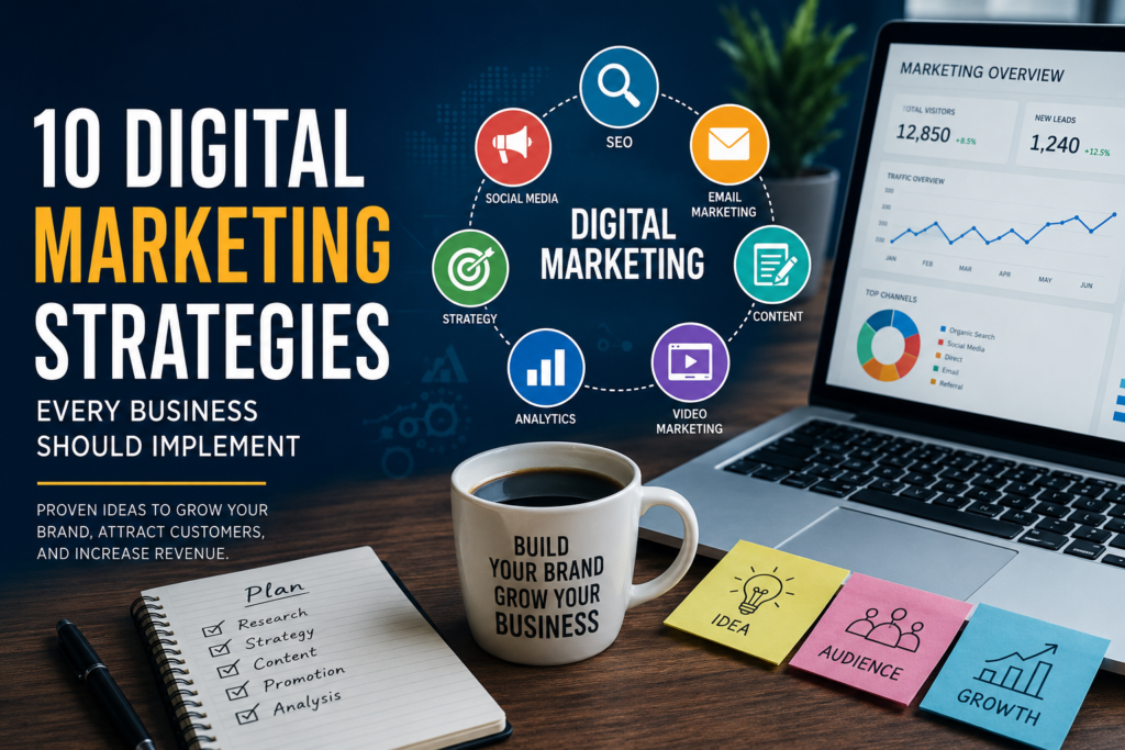 Digital Marketing Strategies for Business Growth including SEO, Content Marketing, Email Marketing, Social Media Marketing, and Analytics