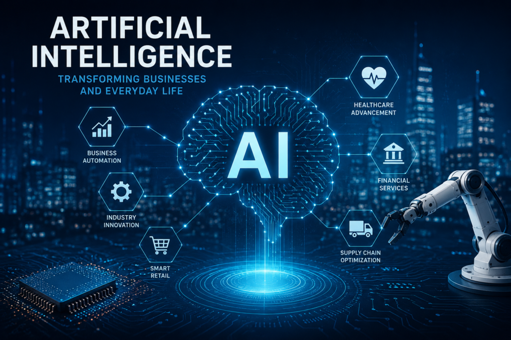 Artificial Intelligence transforming businesses with automation, machine learning, and smart technology.