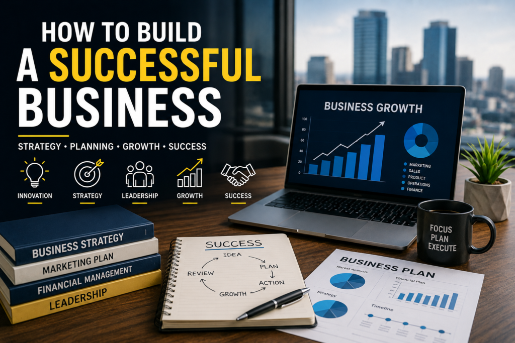 Business professionals planning growth strategy in a modern office
