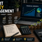 Businessman analyzing financial reports, investment portfolio, budgeting strategy, and stock market growth in a modern office