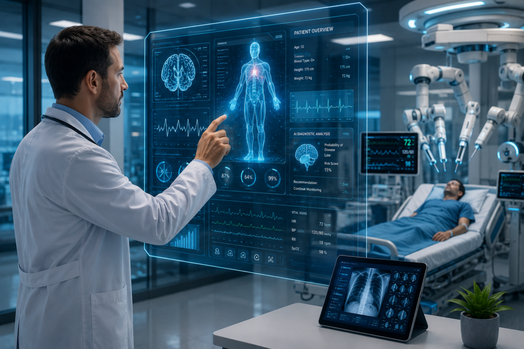 Male doctor using AI technology and digital healthcare systems to improve patient care in a modern hospital