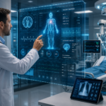 Male doctor using AI technology and digital healthcare systems to improve patient care in a modern hospital