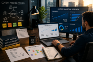 Businessman planning a content marketing strategy using SEO analytics and website growth data