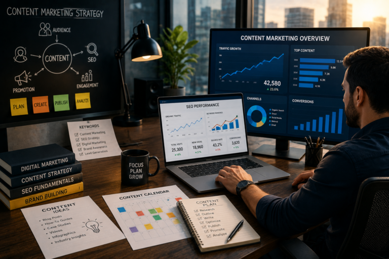Businessman planning a content marketing strategy using SEO analytics and website growth data
