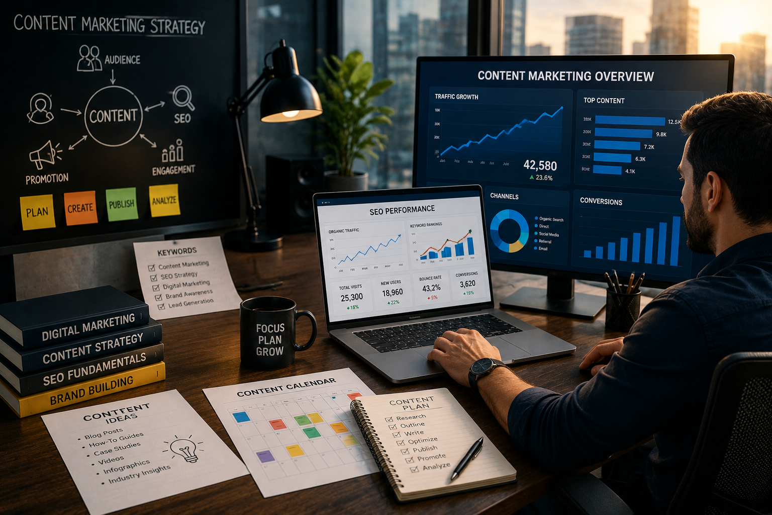 Businessman planning a content marketing strategy using SEO analytics and website growth data