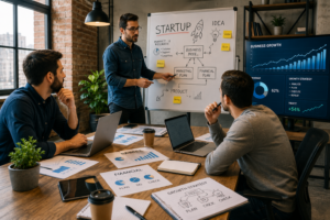 Professional businessmen planning startup growth strategy in a modern office