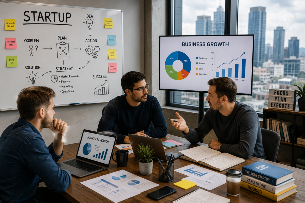 Startup founders planning business growth with innovation, teamwork, funding strategy, and market research