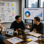 Startup founders planning business growth with innovation, teamwork, funding strategy, and market research