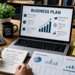 Entrepreneur creating a business plan with market research and financial projections
