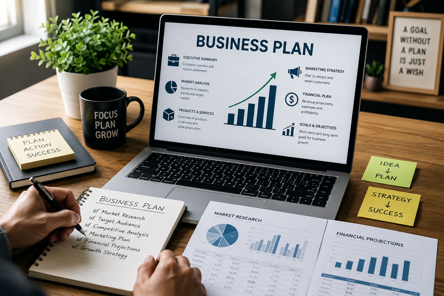 Entrepreneur creating a business plan with market research and financial projections