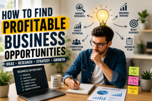 Entrepreneur researching profitable business opportunities and market demand