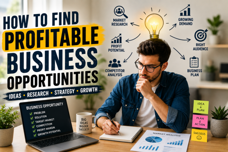 Entrepreneur researching profitable business opportunities and market demand