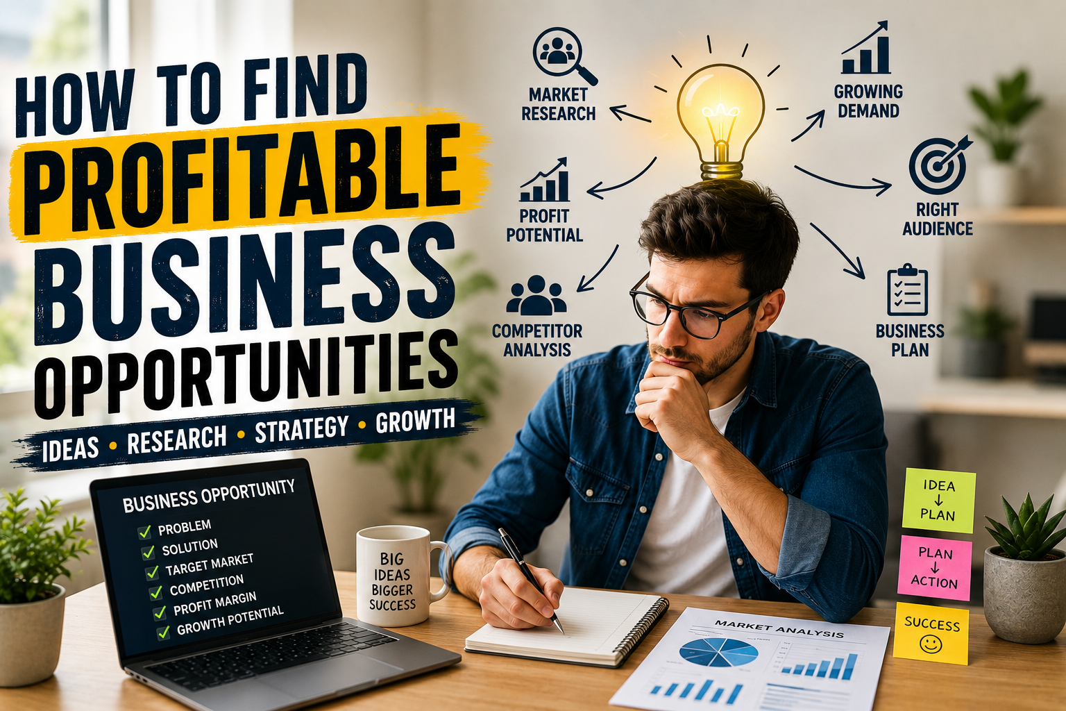Entrepreneur researching profitable business opportunities and market demand