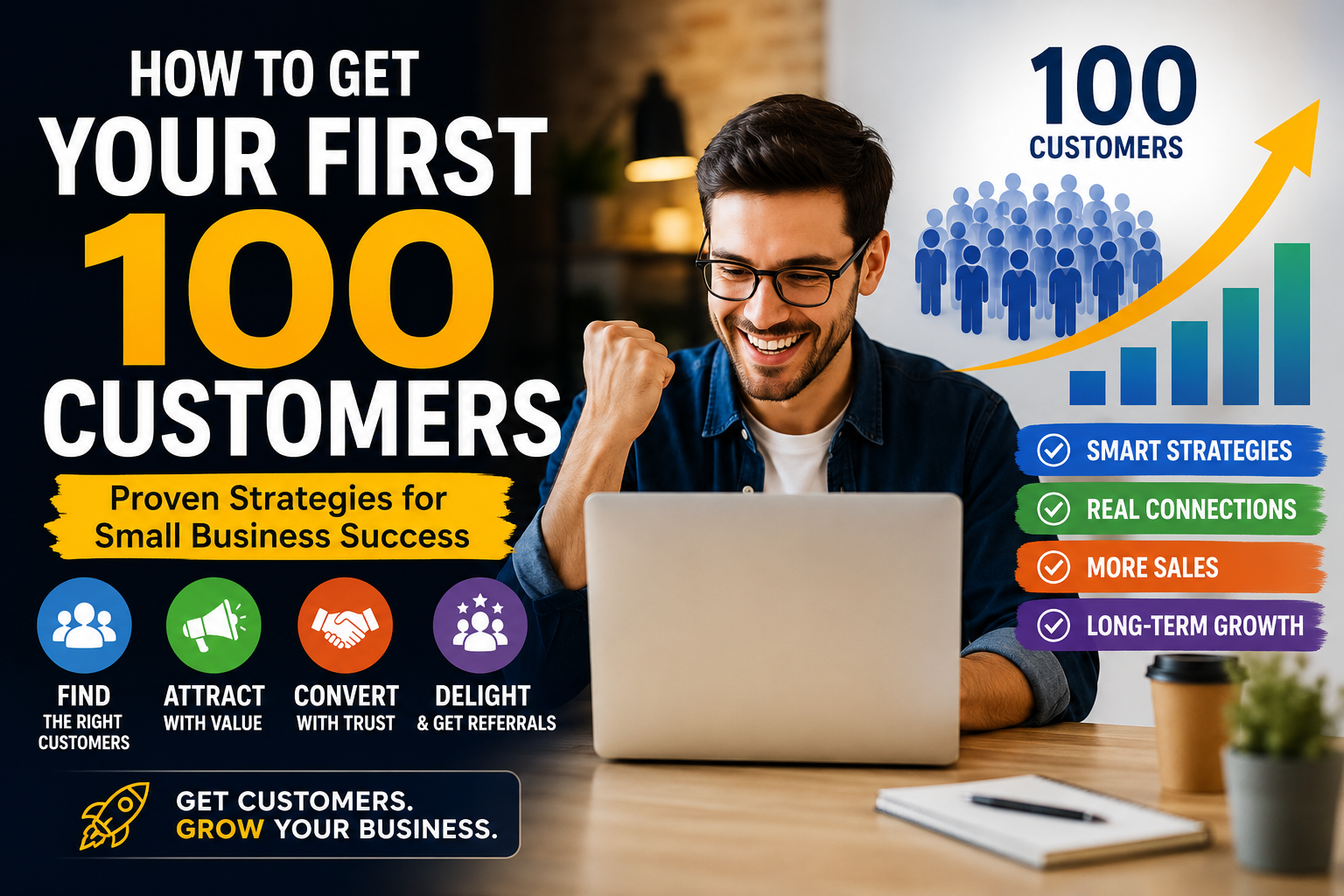 Small business owner planning strategies to get the first 100 customers