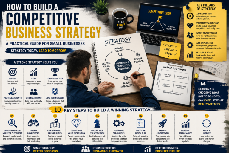 Small business competitive strategy with market analysis and growth planning