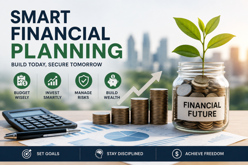 Smart financial planning concept showing investment growth, budgeting, wealth building, and long-term financial security.