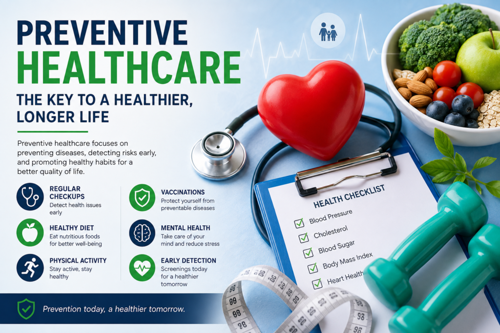 Preventive healthcare illustration showing a heart, stethoscope, healthy food, exercise equipment, and medical checklist representing regular health checkups, healthy lifestyle, vaccinations, and disease prevention.
