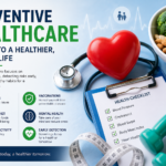 Preventive healthcare illustration showing a heart, stethoscope, healthy food, exercise equipment, and medical checklist representing regular health checkups, healthy lifestyle, vaccinations, and disease prevention.