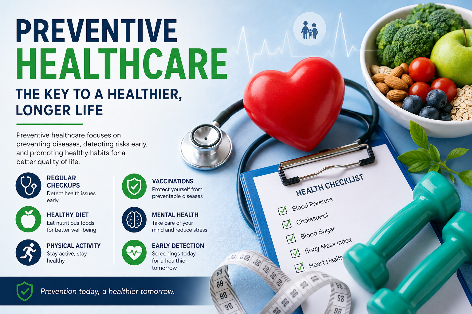 Preventive healthcare illustration showing a heart, stethoscope, healthy food, exercise equipment, and medical checklist representing regular health checkups, healthy lifestyle, vaccinations, and disease prevention.